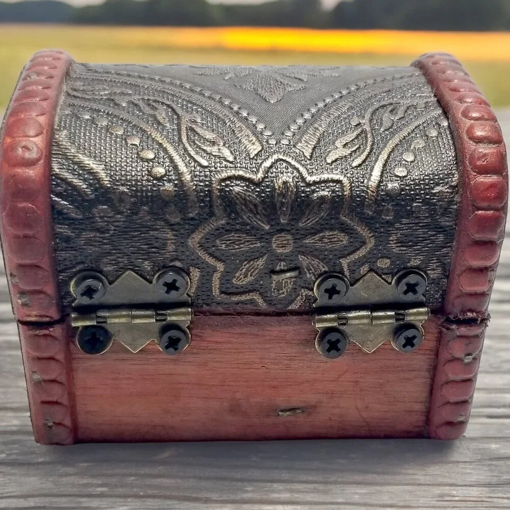 Mini Wooden Treasure Chest Box W/Bronze Color Floral Antique Style Spiritual Box - Picture 3 of 16
